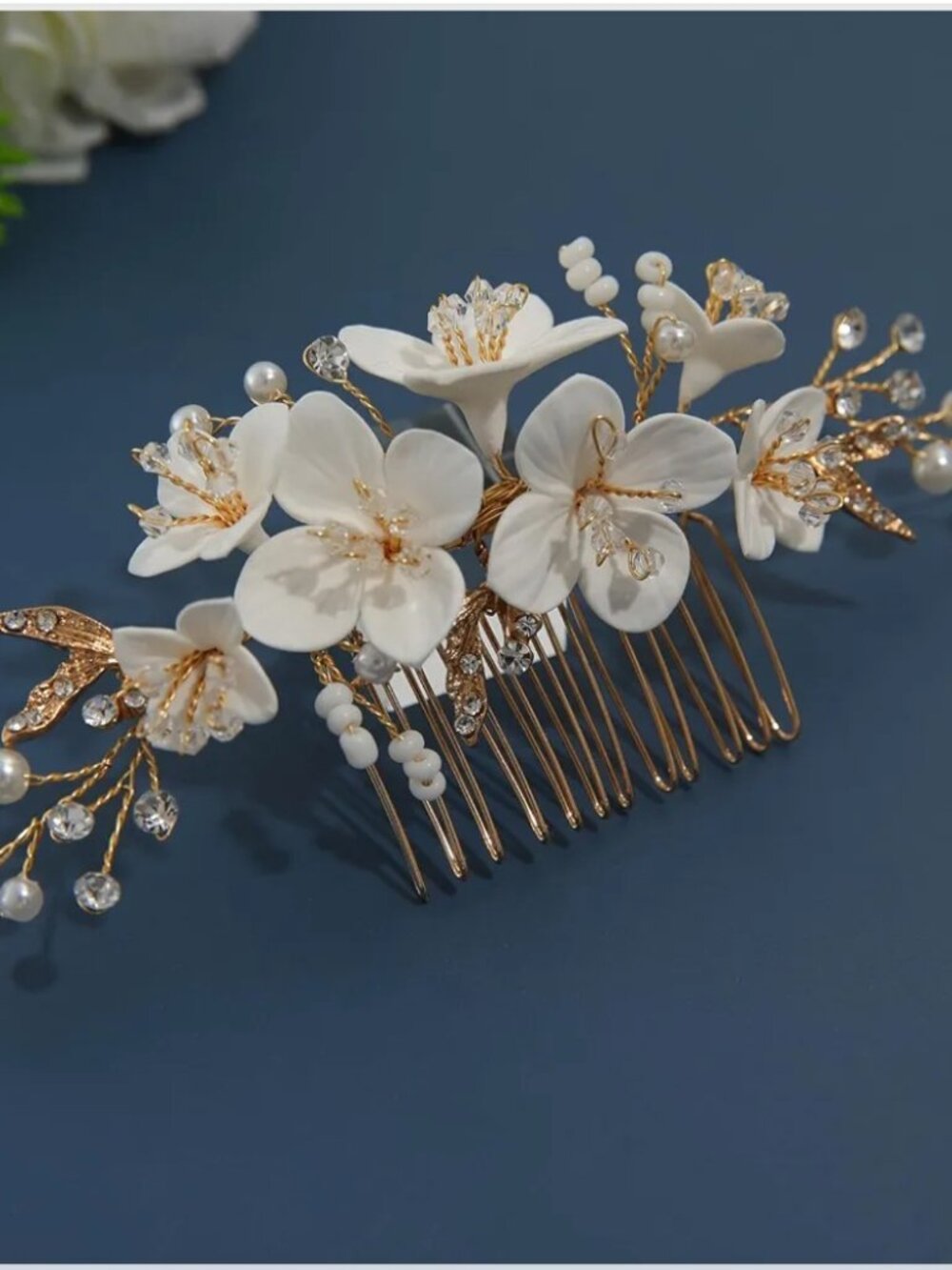 White and Gold Floral Bridal Hair Comb